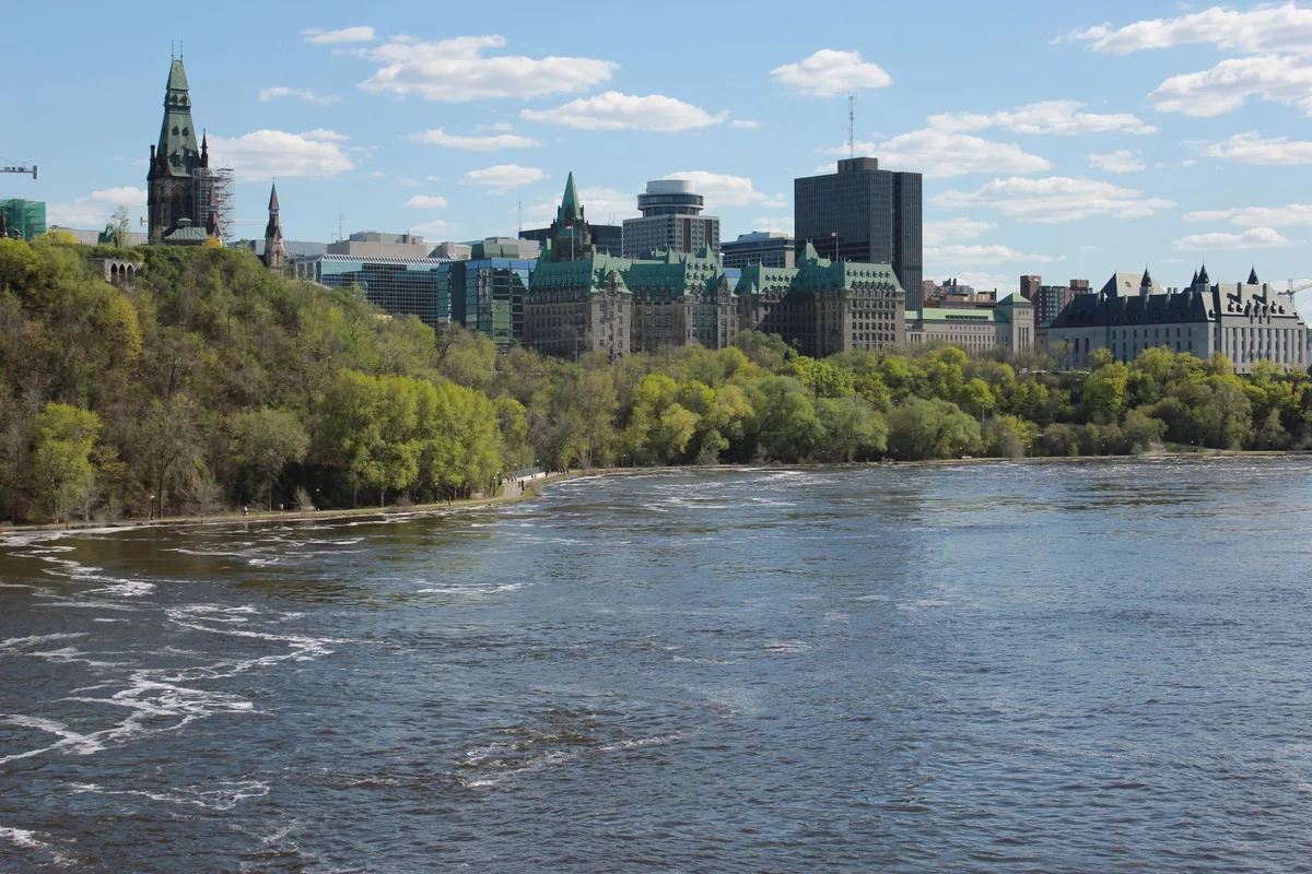 Canada's Parliament Hill in Ottawa, with the Peace Tower, seen across the Ottawa River