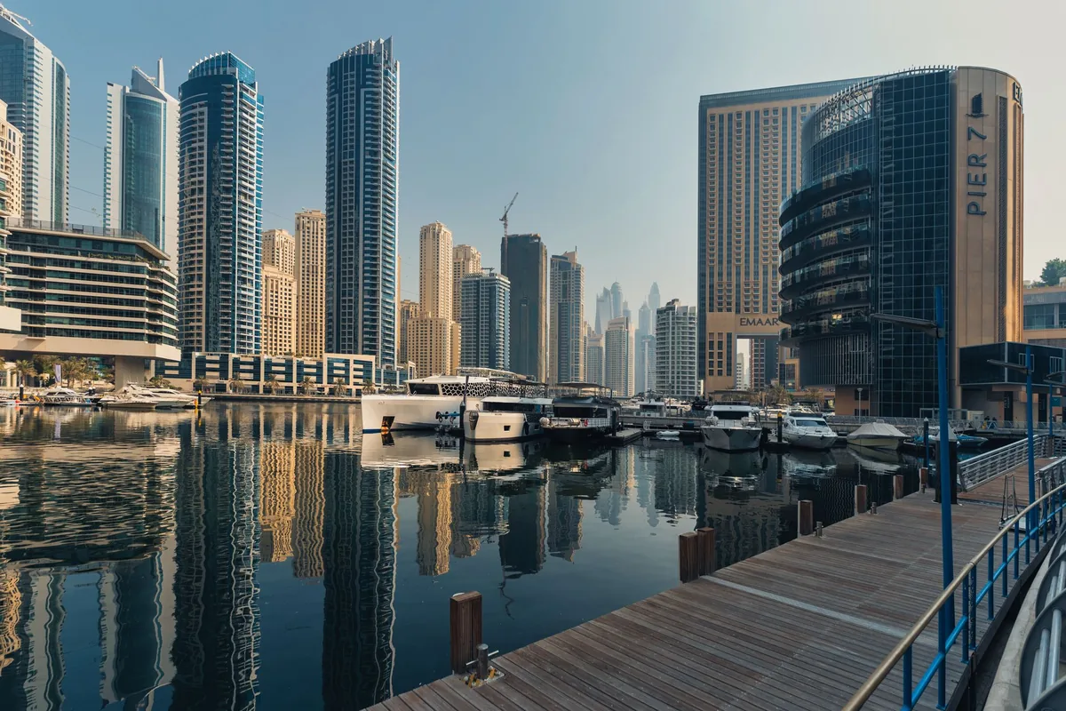Dubai Marina skyscrapers and waterfront in the United Arab Emirates, illustrating a zero income tax country