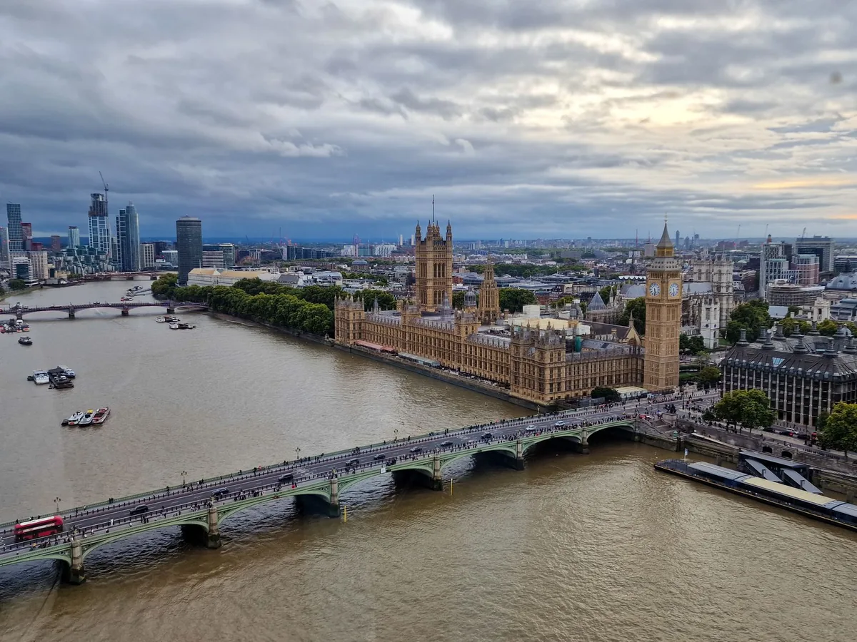 Aerial view of the Houses of Parliament, Big Ben and Westminster Bridge over the River Thames in London at dusk